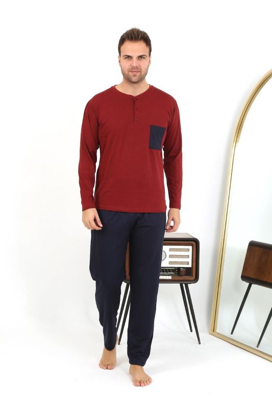Moda Çizgi Erkek Uzun Kol Penye Bordo Pijama Takımı 6861 - 1