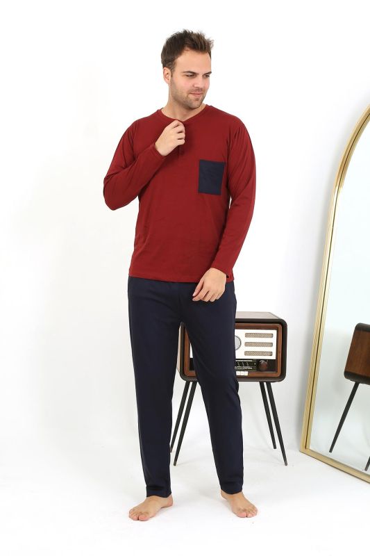 Moda Çizgi Erkek Uzun Kol Penye Bordo Pijama Takımı 6861 - 2