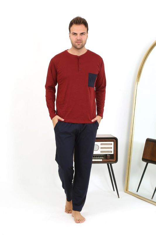 Moda Çizgi Erkek Uzun Kol Penye Bordo Pijama Takımı 6861 - 3