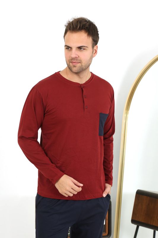 Moda Çizgi Erkek Uzun Kol Penye Bordo Pijama Takımı 6861 - 6