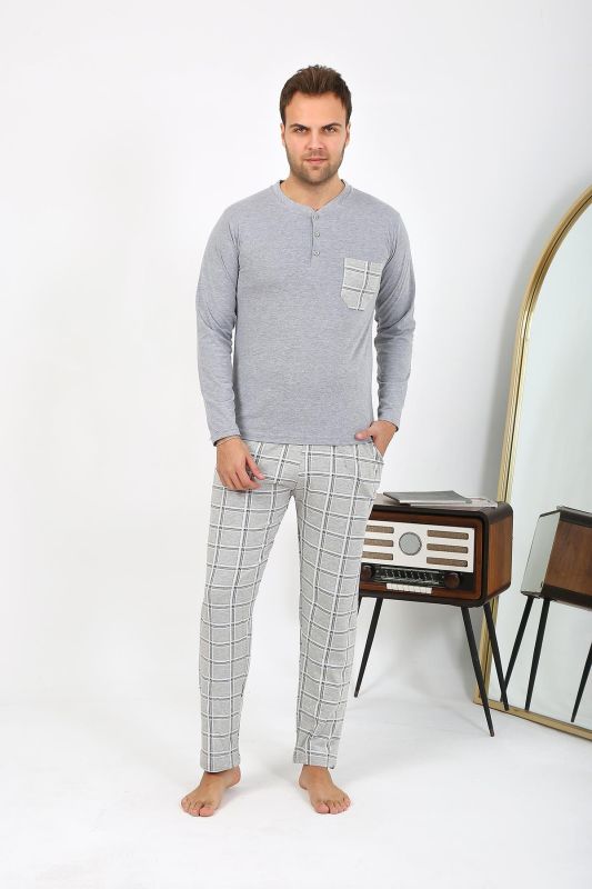 Moda Çizgi Erkek Uzun Kol Penye Gri Pijama Takımı 6861 - 1