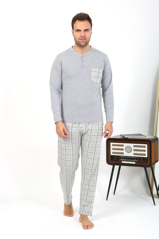 Moda Çizgi Erkek Uzun Kol Penye Gri Pijama Takımı 6861 - 2