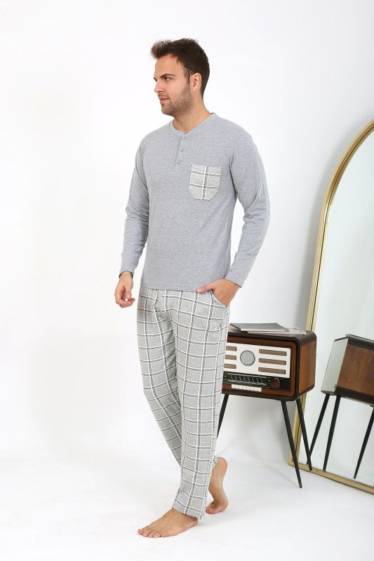 Moda Çizgi Erkek Uzun Kol Penye Gri Pijama Takımı 6861 - 3
