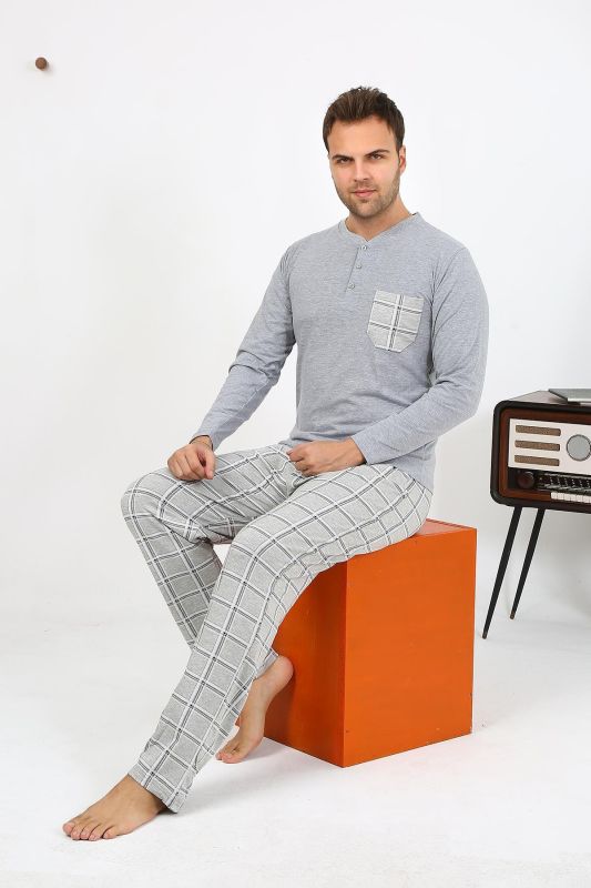 Moda Çizgi Erkek Uzun Kol Penye Gri Pijama Takımı 6861 - 5
