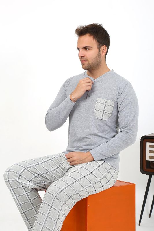 Moda Çizgi Erkek Uzun Kol Penye Gri Pijama Takımı 6861 - 6