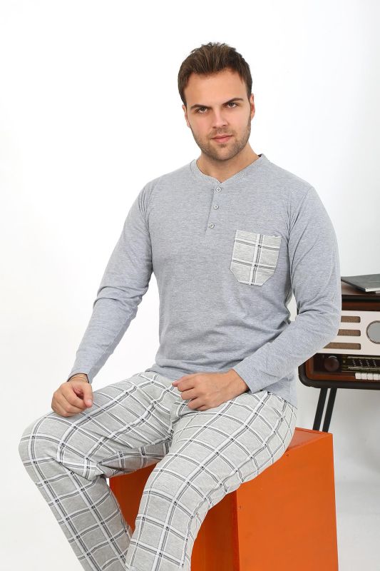 Moda Çizgi Erkek Uzun Kol Penye Gri Pijama Takımı 6861 - 7