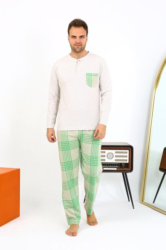 Moda Çizgi Erkek Uzun Kol Penye Krem Pijama Takımı 6861 - 1