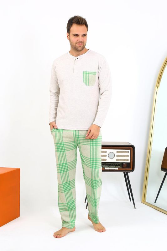 Moda Çizgi Erkek Uzun Kol Penye Krem Pijama Takımı 6861 - 2