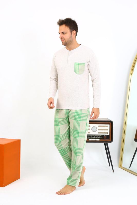 Moda Çizgi Erkek Uzun Kol Penye Krem Pijama Takımı 6861 - 3