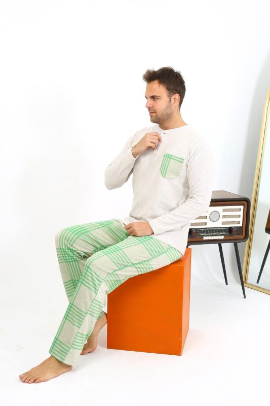 Moda Çizgi Erkek Uzun Kol Penye Krem Pijama Takımı 6861 - 4