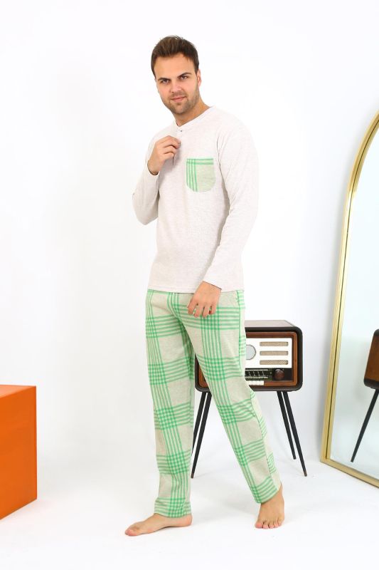 Moda Çizgi Erkek Uzun Kol Penye Krem Pijama Takımı 6861 - 5