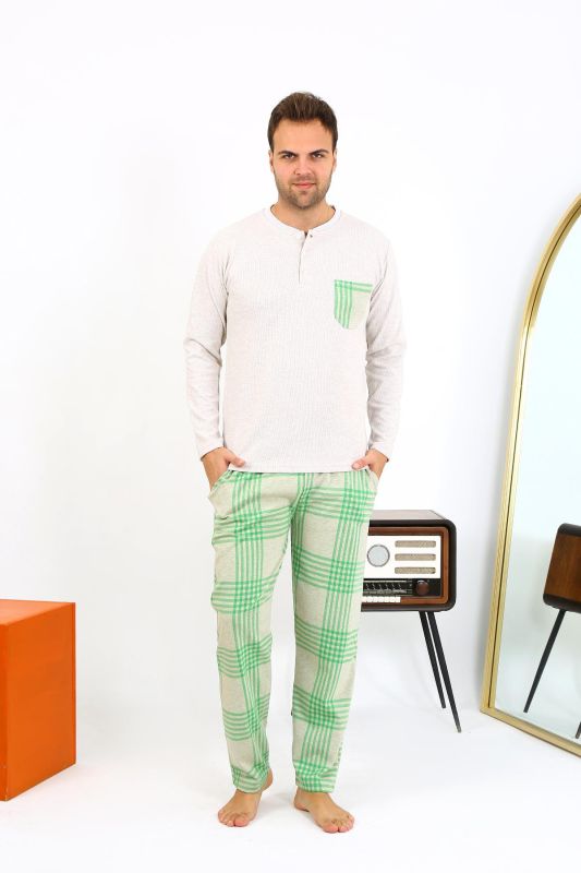 Moda Çizgi Erkek Uzun Kol Penye Krem Pijama Takımı 6861 - 6