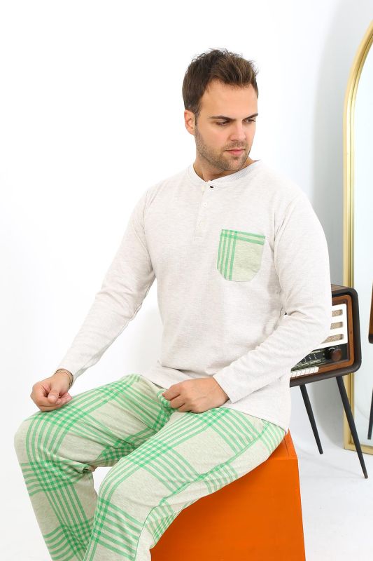 Moda Çizgi Erkek Uzun Kol Penye Krem Pijama Takımı 6861 - 7