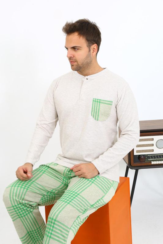 Moda Çizgi Erkek Uzun Kol Penye Krem Pijama Takımı 6861 - 8