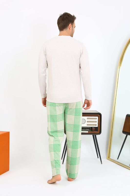 Moda Çizgi Erkek Uzun Kol Penye Krem Pijama Takımı 6861 - 9