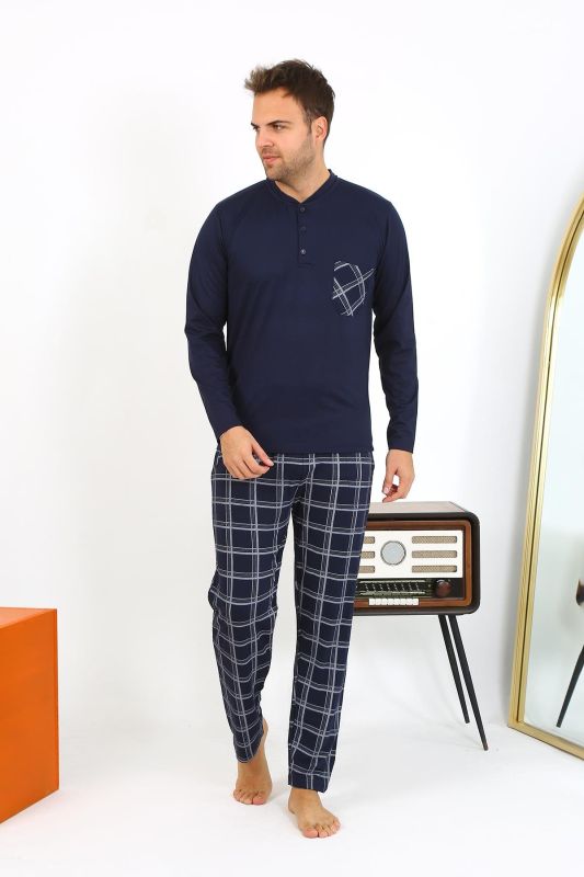 Moda Çizgi Erkek Uzun Kol Penye Lacivert Pijama Takımı 6861 - 1