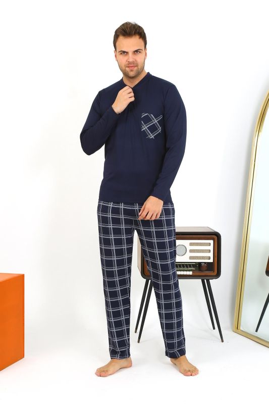 Moda Çizgi Erkek Uzun Kol Penye Lacivert Pijama Takımı 6861 - 2