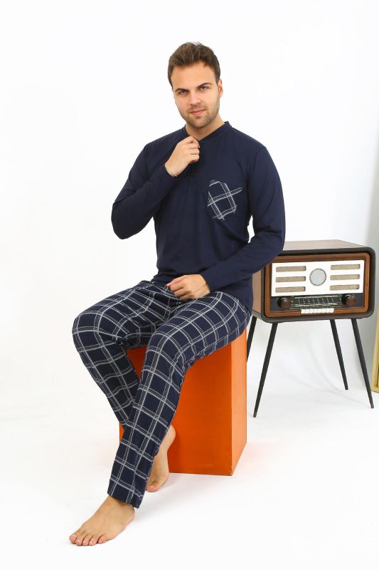 Moda Çizgi Erkek Uzun Kol Penye Lacivert Pijama Takımı 6861 - 3