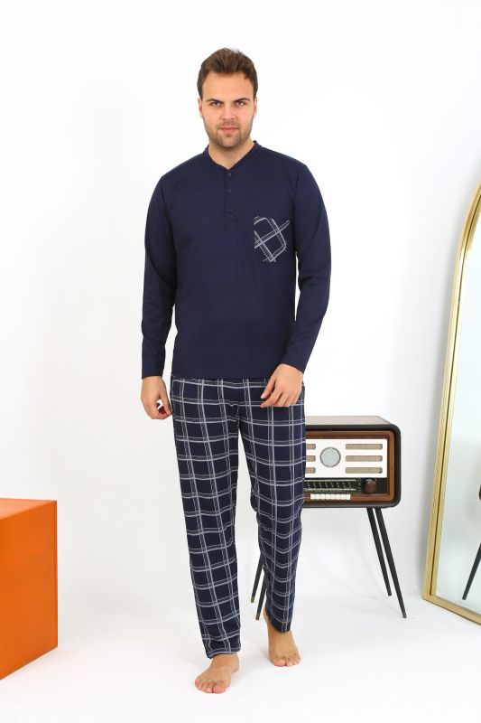 Moda Çizgi Erkek Uzun Kol Penye Lacivert Pijama Takımı 6861 - 4