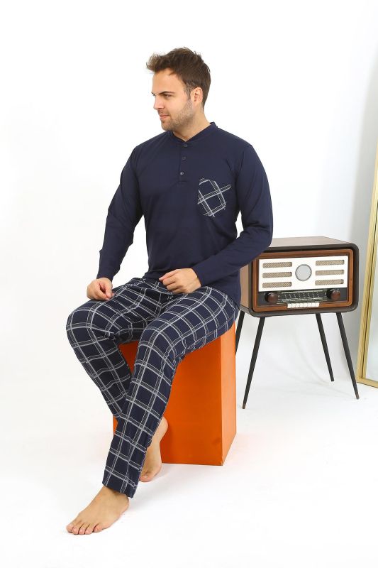 Moda Çizgi Erkek Uzun Kol Penye Lacivert Pijama Takımı 6861 - 5