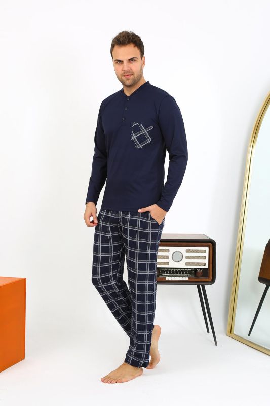 Moda Çizgi Erkek Uzun Kol Penye Lacivert Pijama Takımı 6861 - 6