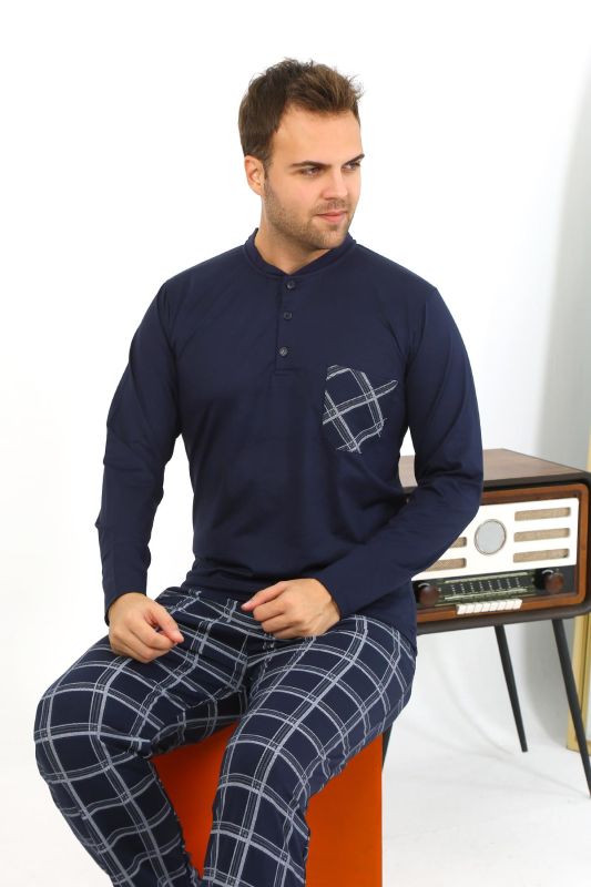 Moda Çizgi Erkek Uzun Kol Penye Lacivert Pijama Takımı 6861 - 7