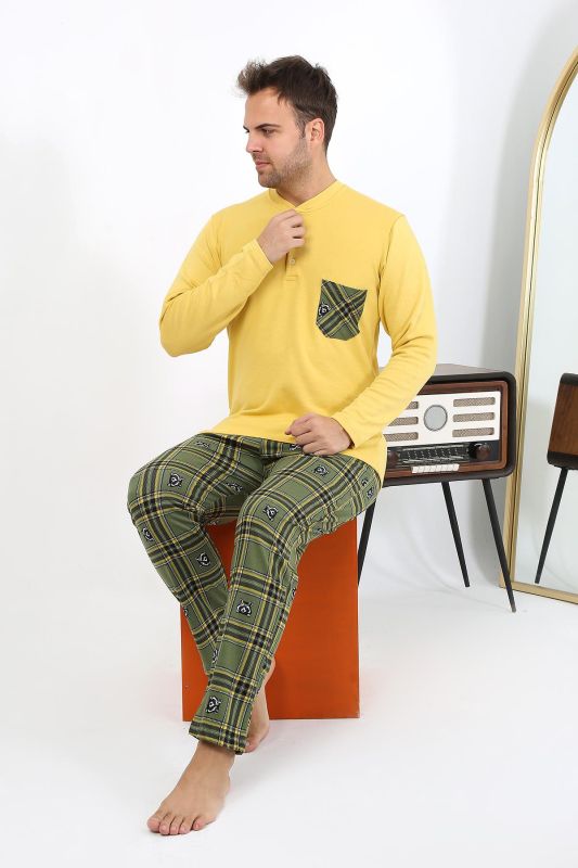 Moda Çizgi Erkek Uzun Kol Penye Sarı Pijama Takımı 6861 - 4
