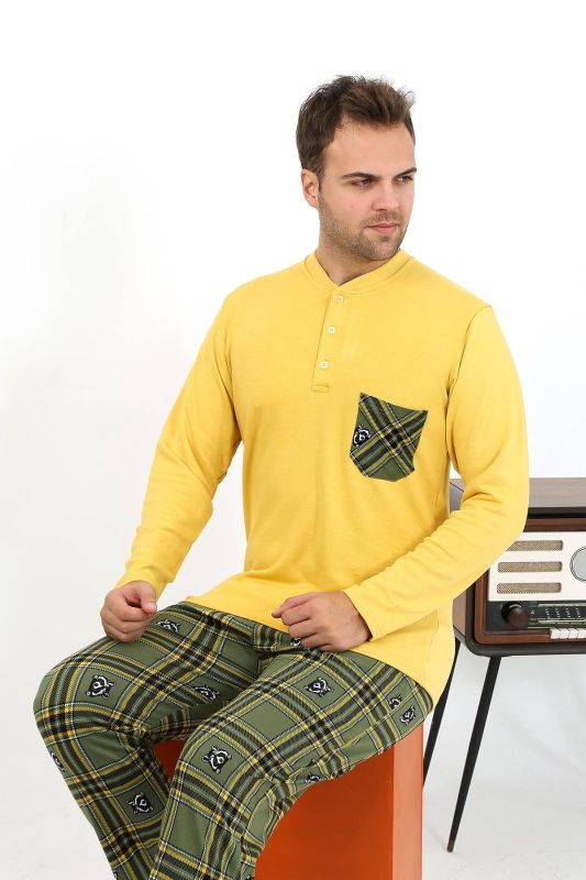 Moda Çizgi Erkek Uzun Kol Penye Sarı Pijama Takımı 6861 - 6