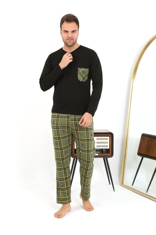 Moda Çizgi Erkek Uzun Kol Penye Siyah Pijama Takımı 6861 - 1