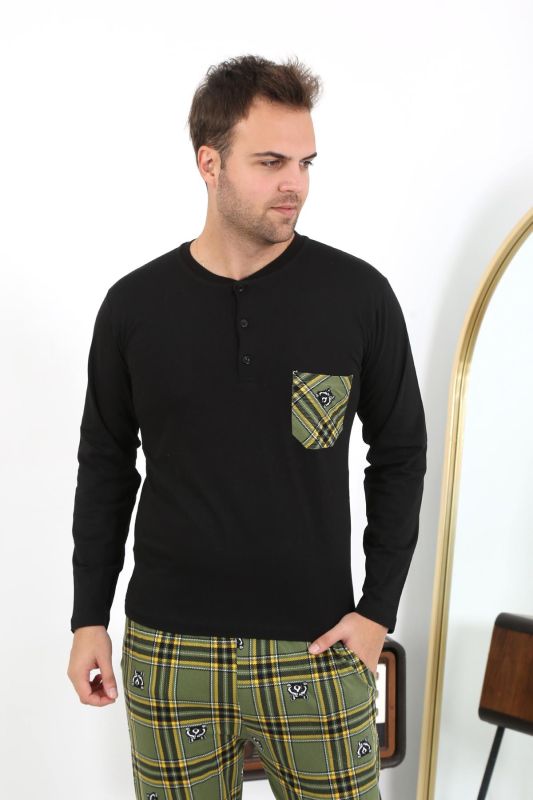 Moda Çizgi Erkek Uzun Kol Penye Siyah Pijama Takımı 6861 - 2