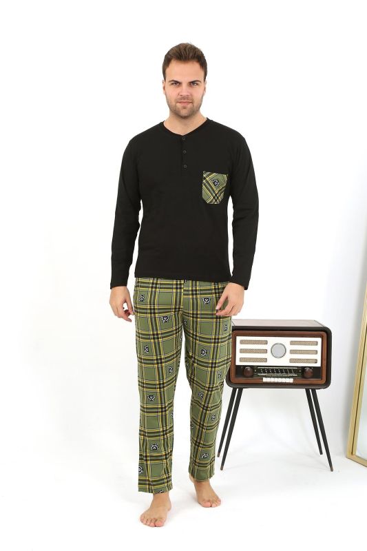 Moda Çizgi Erkek Uzun Kol Penye Siyah Pijama Takımı 6861 - 3