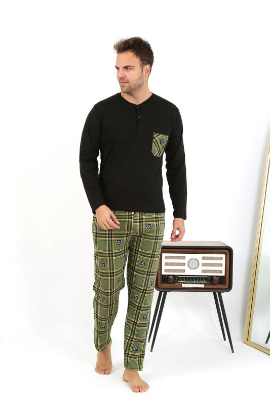 Moda Çizgi Erkek Uzun Kol Penye Siyah Pijama Takımı 6861 - 4