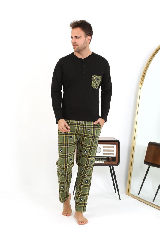 Moda Çizgi Erkek Uzun Kol Penye Siyah Pijama Takımı 6861 - 5