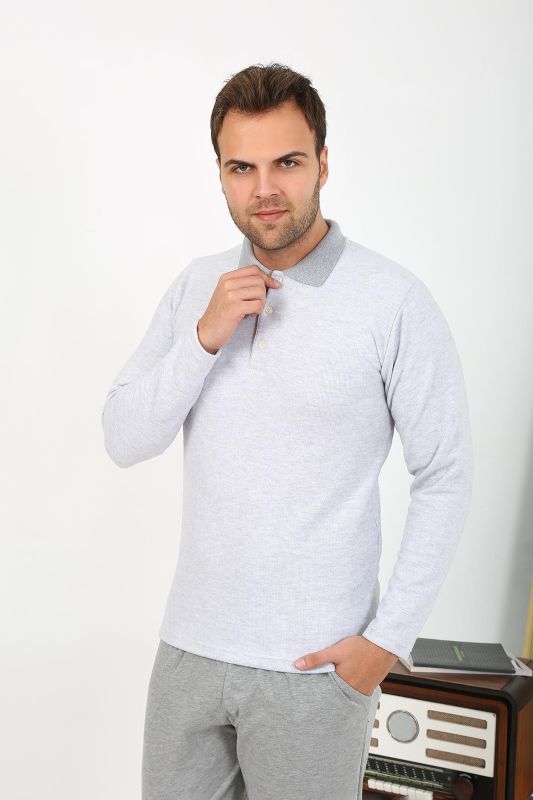 Moda Çizgi Erkek Uzun Kol Penye Tek Üst Pijama Tshırt 6871 Gri - 2