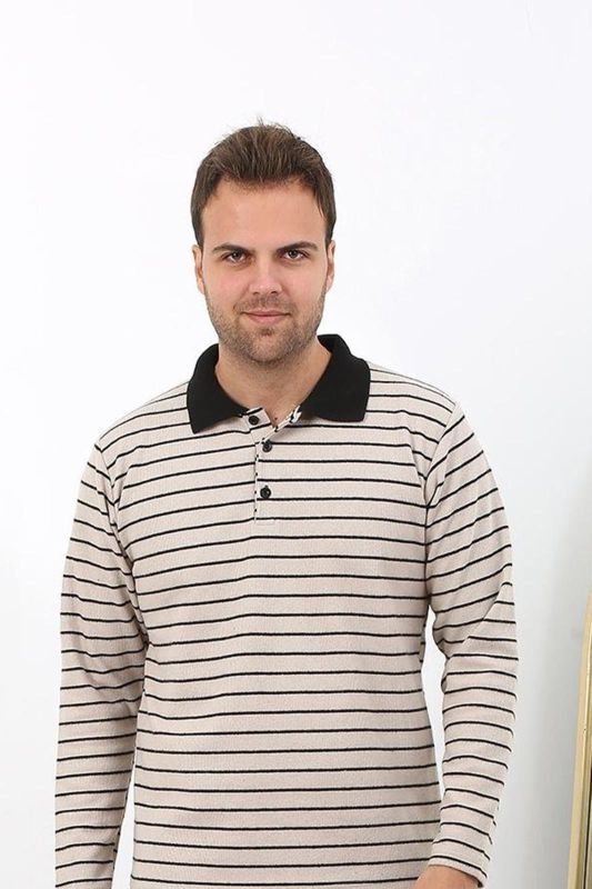 Moda Çizgi Erkek Uzun Kol Penye Tek Üst Pijama Tshırt 6871 Krem - 1