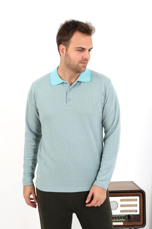 Moda Çizgi Erkek Uzun Kol Penye Tek Üst Pijama Tshırt 6871 Suyeşili - 2