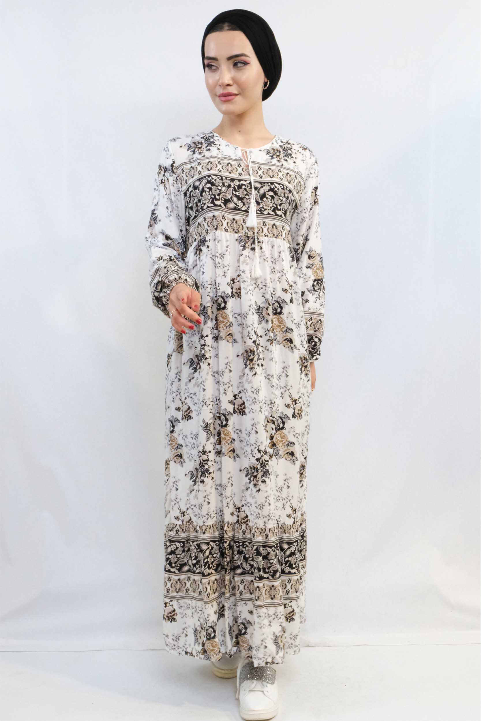 Moda Çizgi Etnik Desen Elbise Bej - 42 | EKRU