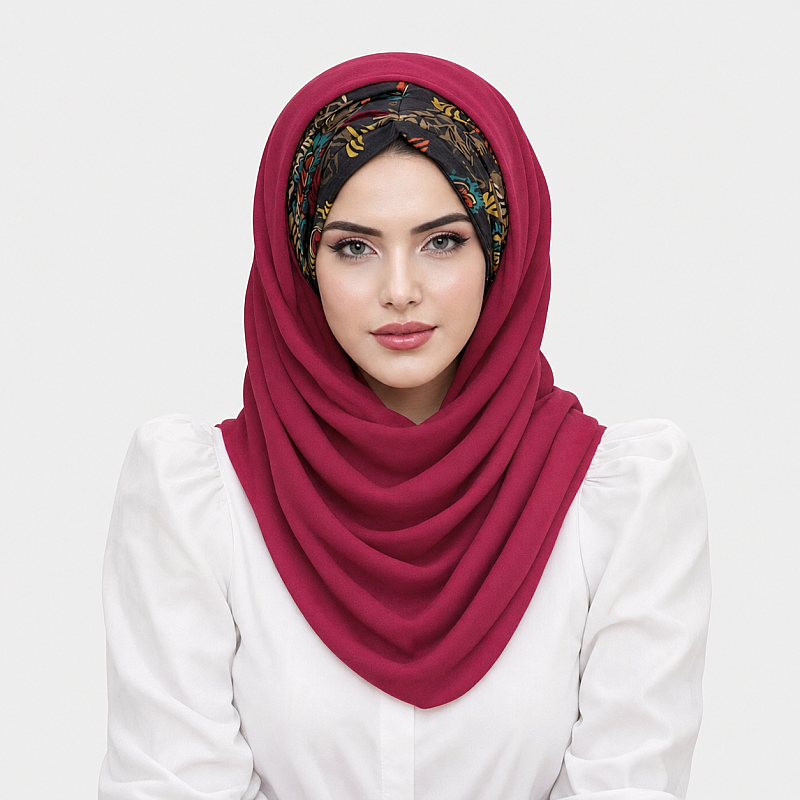 Fuşya Siyah Çiçek Desen Hazır Şal - 1
