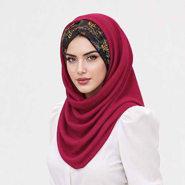 Fuşya Siyah Çiçek Desen Hazır Şal - 2