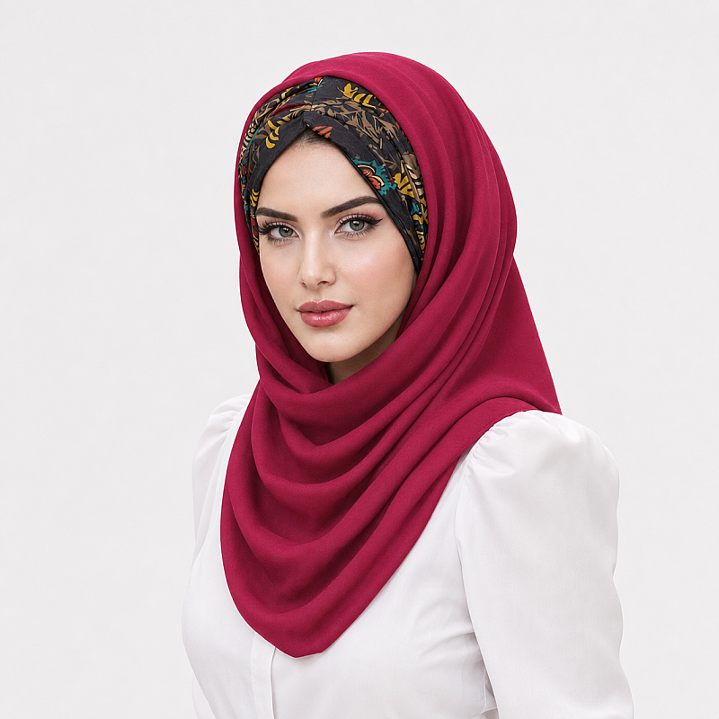 Fuşya Siyah Çiçek Desen Hazır Şal - 2