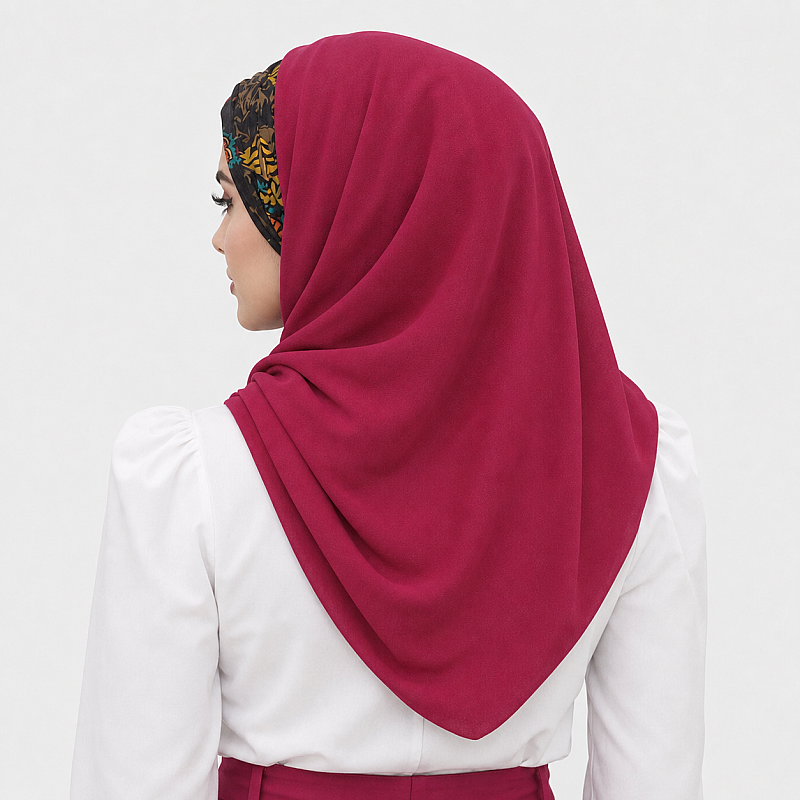 Fuşya Siyah Çiçek Desen Hazır Şal - 3