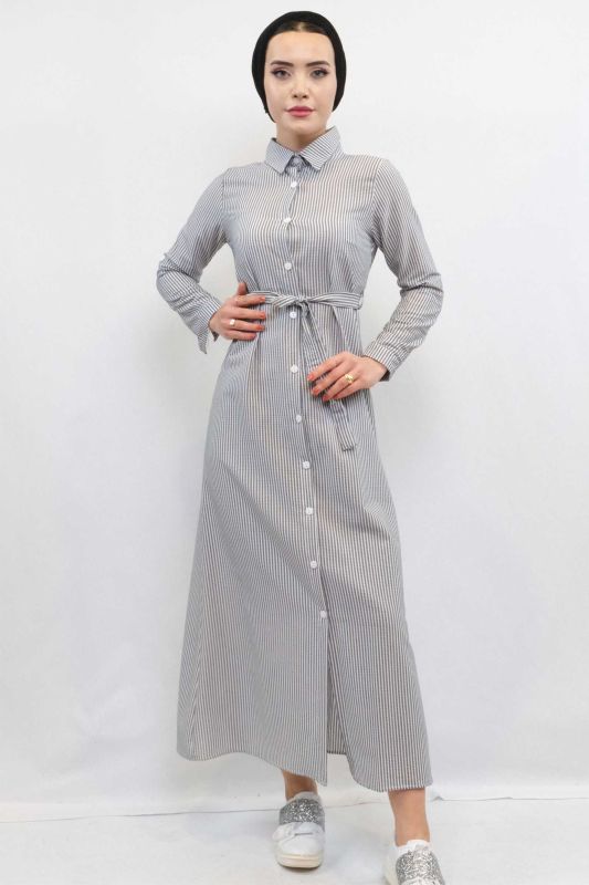 Moda Çizgi Gofre Elbise Gri - 3