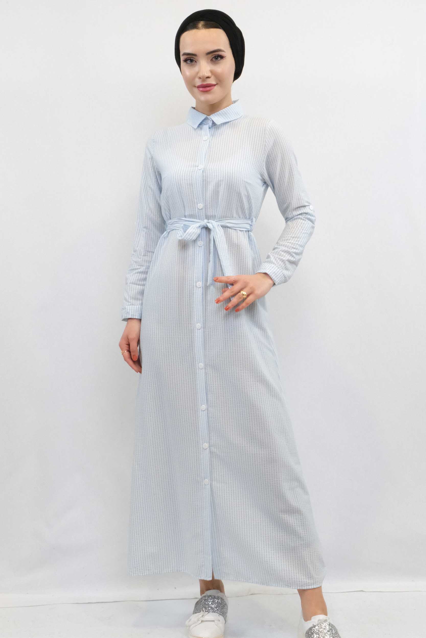 Moda Çizgi Gofre Elbise Mavi - 38 | Mavi