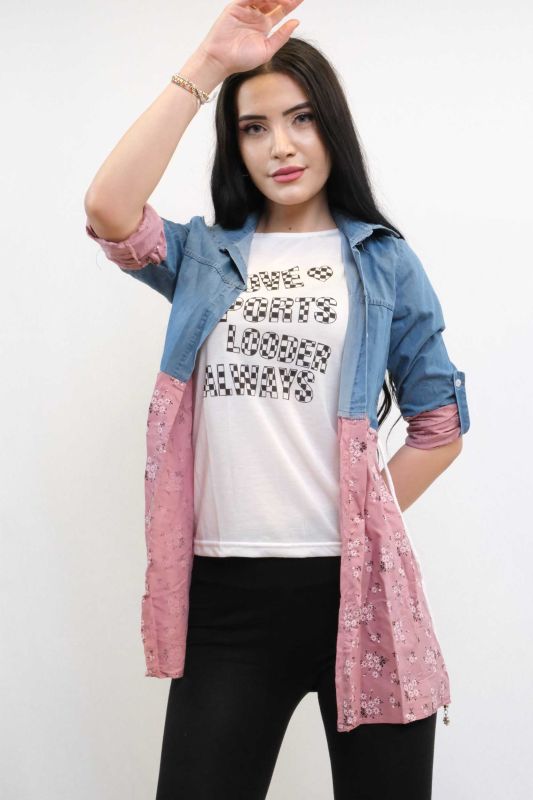Moda Çizgi Gömlek İçi T-shirt İkili Takım Pudra - 3