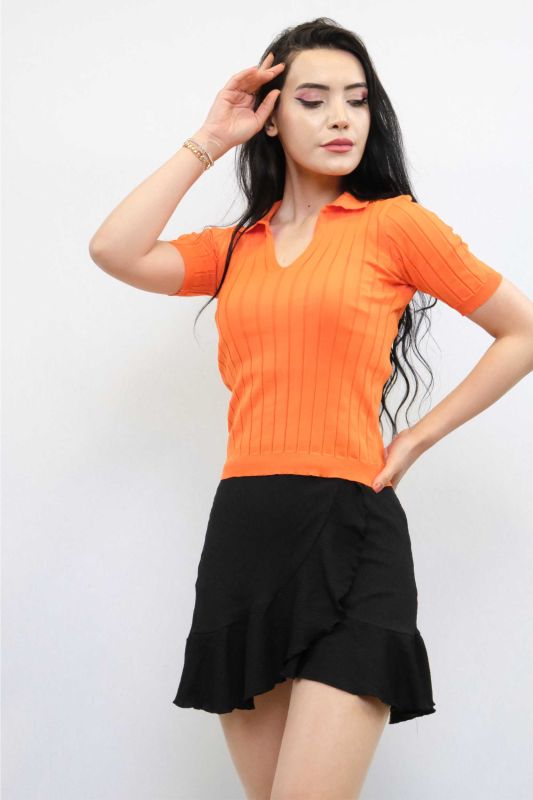 Moda Çizgi Gömlek Yaka Triko Bluz Turuncu - 3