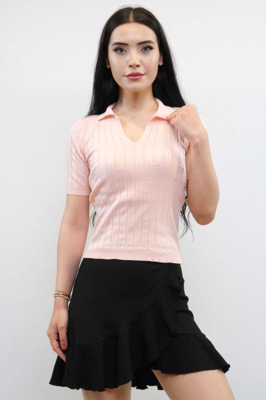 Moda Çizgi Gömlek Yaka Triko Bluz Pudra - 2