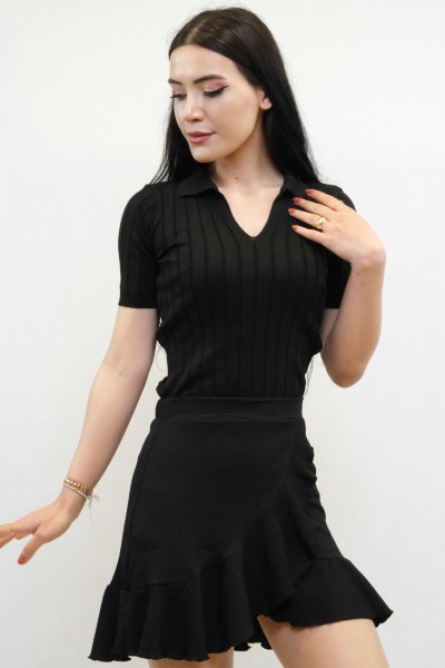 Moda Çizgi Gömlek Yaka Triko Bluz Siyah - Thumbnail