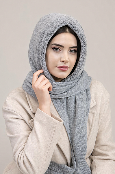 Gri Kürk Kapüşonlu Çıtçıtlı Şal