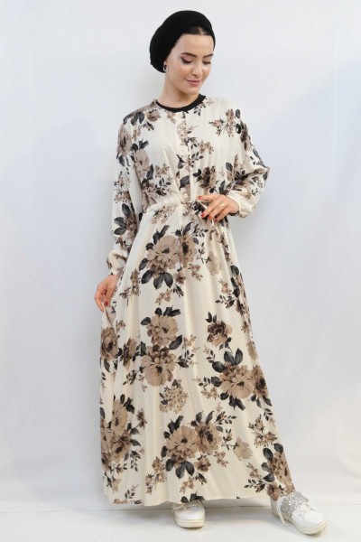 Moda Çizgi Gül Desenli Elbise MC4101 Bej - Thumbnail