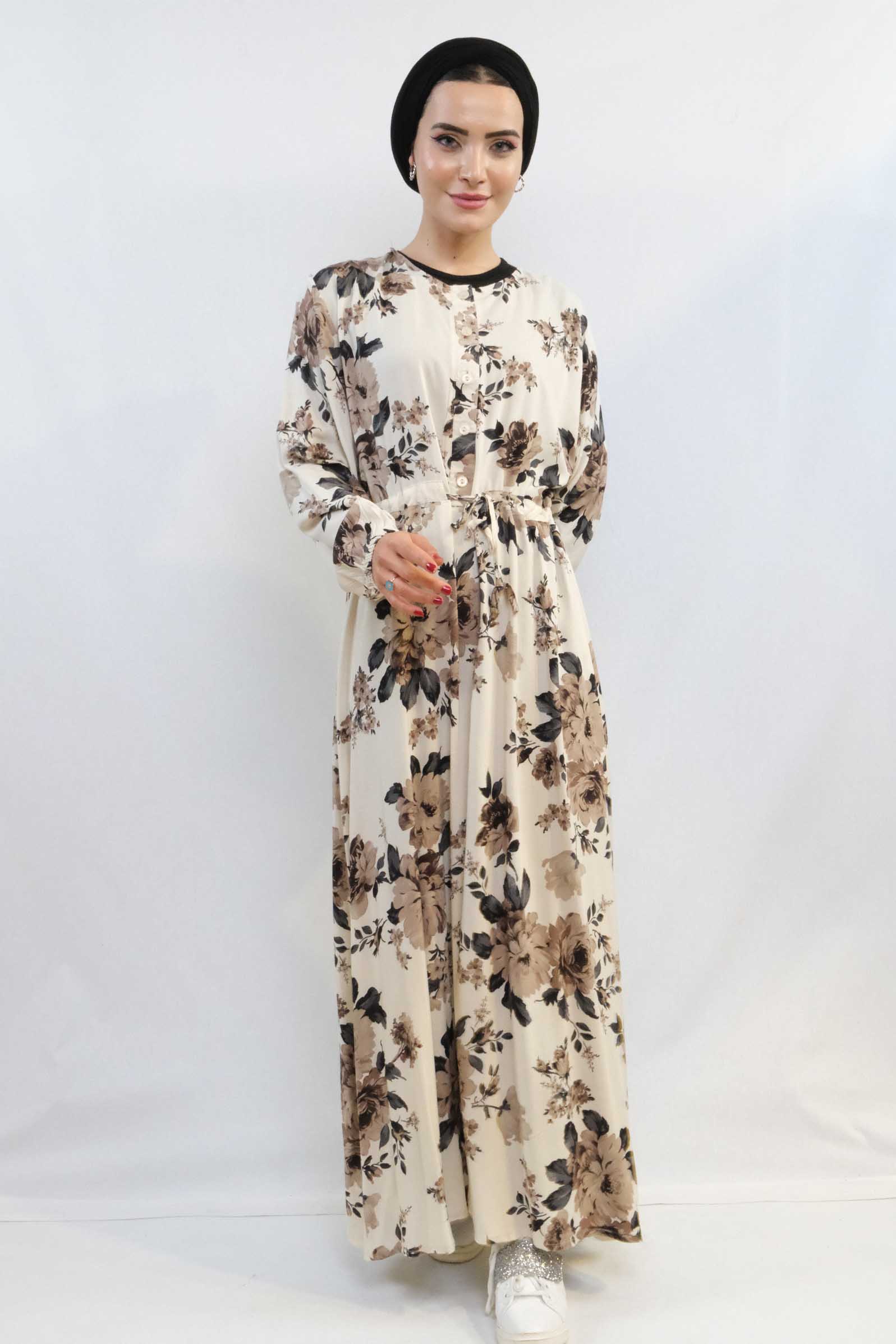 Moda Çizgi Gül Desenli Elbise MC4101 Bej - 2XL | Bej